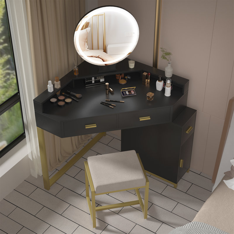 17 Stories Corner Vanity Desk with Lighted Mirror and Stool Wayfair